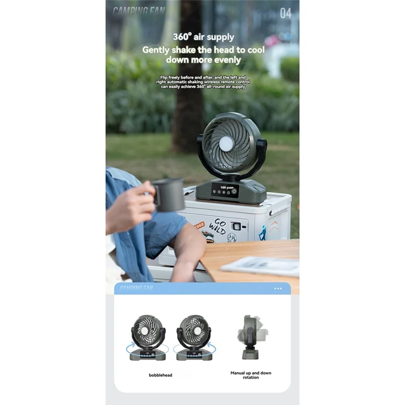 BABZ-데스크탑 팬 20000Mah 충전식 팬(라이트 포함) 5단계 속도 조절 가능 캠핑 여행용 밝기 레벨 3개