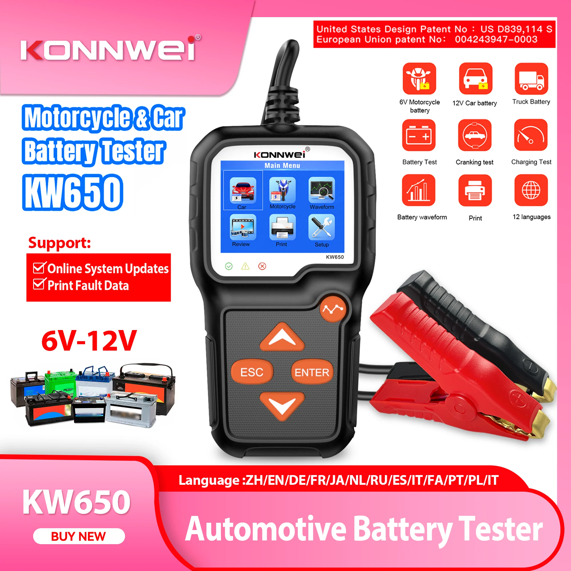 

KONNWEI KW650 Car Battery Tester 6V 12V Motorcycle Car Auto Analyzer 100 to 2000 CCA Car Moto Cranking Charging Test Tool