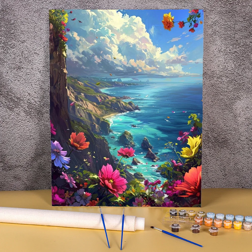 Paint By Numbers Kit Landscape Picture Seaside Flowers Canvas By Numbers Wall Art Gift For Home Decors Artwork 50x70cm Painting