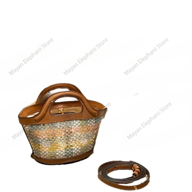 Vegetable Basket Bag, Straw Woven Bag, Crossbody Stitched Cowhide Bucket Bag