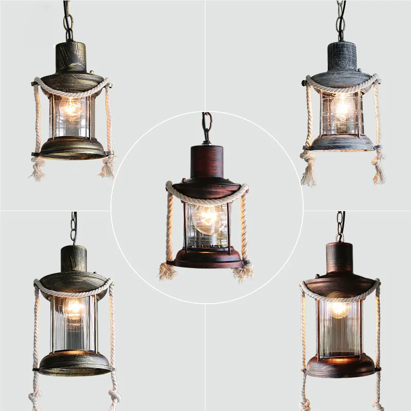 Retro nostalgic hemp rope pendant light American coffee shop bar project wrought iron aisle Droplight glass lighting fixture