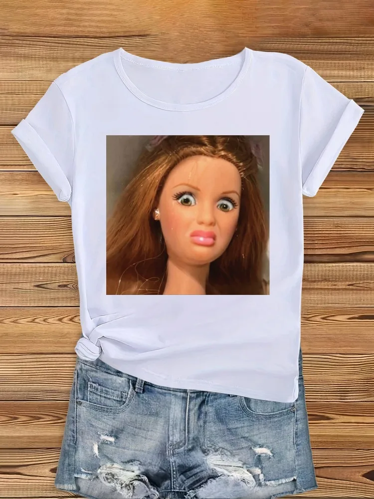 Mothers Day Doll Face Pattern Beautiful Fashion Elegant Party Cute Sports Gift Soft Home Casual Round Neck Short Sleeved T-shirt