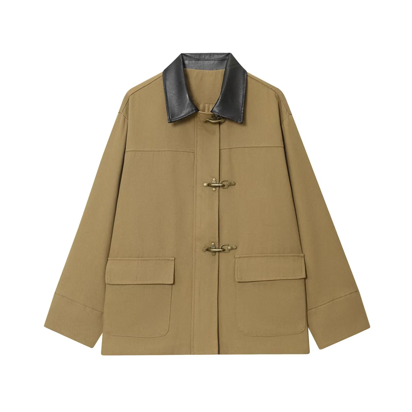 

Commuting Autumn Winter Women's Padded Coat Khaki Lapel Collar Horn Toggle Button Jacket For Lady Instagram-Style Female Outwear