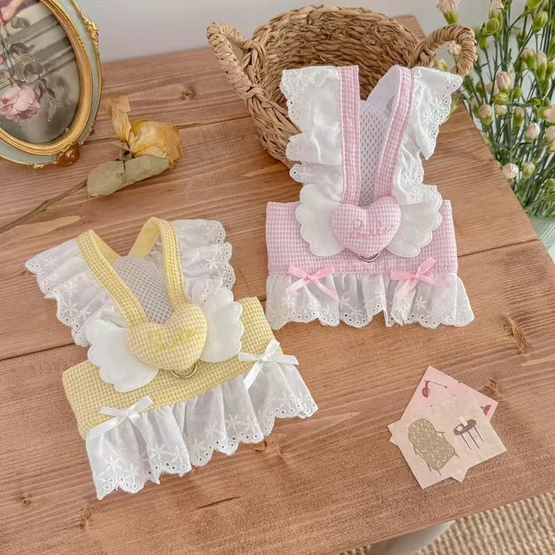 Cute Lace Ruffle Plaid Dog Harnesses Vest 3D Angel Heart Mesh Pet Chest Strap For Small Medium Dog Cat Outdoor Walking Apparel view 3