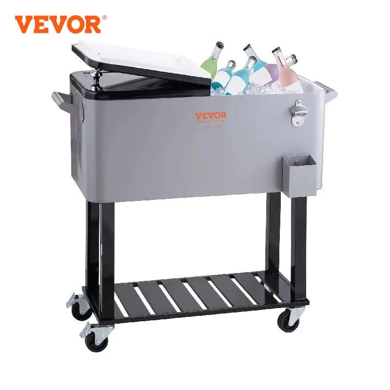 VEVOR Rolling Ice Chest Cooler Cart 80 Quart, Portable Bar Drink Cooler, Steel Beverage Bar Stand Up Cooler for Patio, Backyard