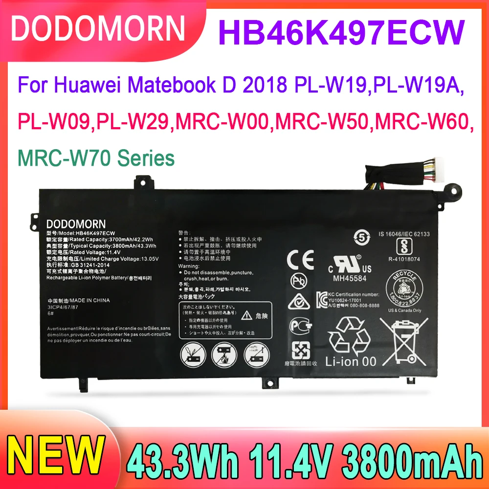DODOMORN HB46K497ECW Laptop Battery For Huawei Matebook D 2018 PL-W19 PL-W09 MRC-W00 PL-W19A/W29 MRC-W50 MRC-W70 Busines Battery
