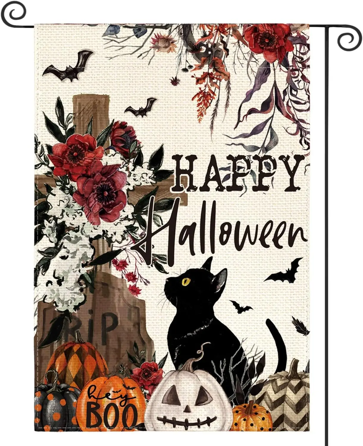 AVOIN colorlife Happy Halloween Garden Flag 12x18 Inch Double Sided Outside, Flowers Cross Rip Black Cat Jack-o-lantern Yard Out