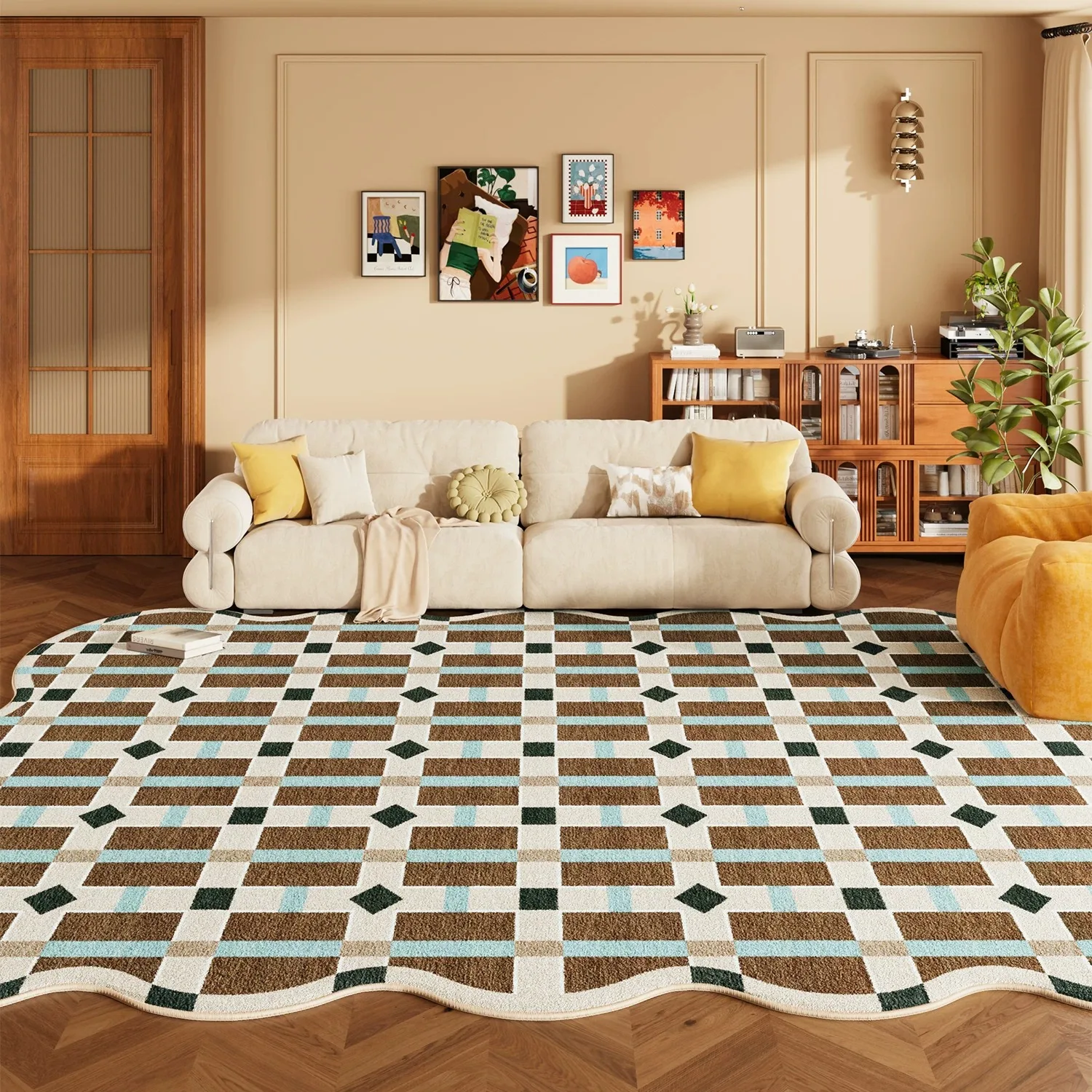 Checkerboard Plaid Rug for Living Room Carpet Wavy-edged Faux Cashmere Floor Mat Bedroom Mats Machine Washable Non-slip Rugs 러그