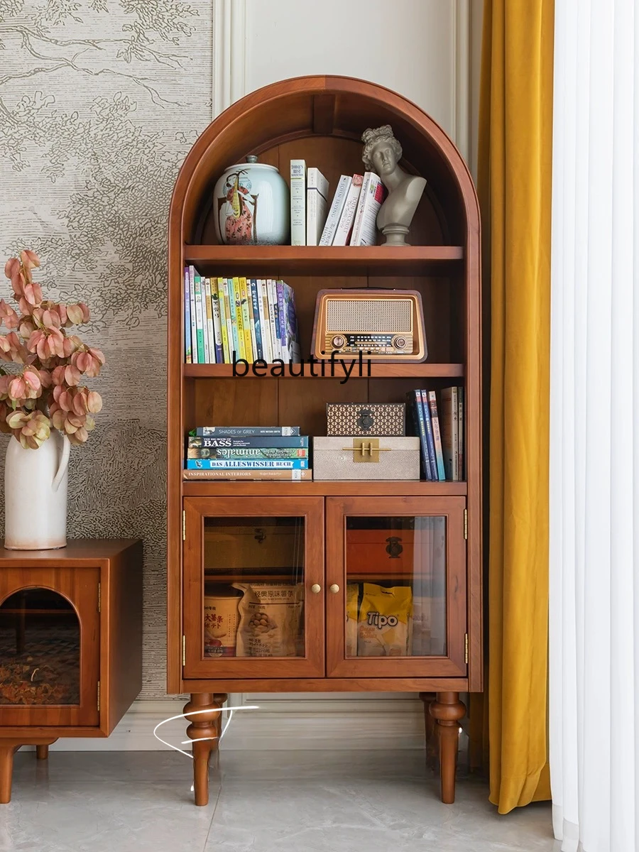 

American retro old solid wood log style bookcase French arched locker against the wall sofa side cabinet