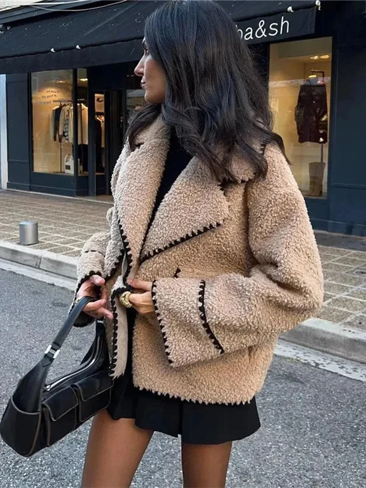 Trendix Lapel Loose Jackets Women 2024 Autumn Winter Street Long Sleeve Faux Lambswool Jacket Fashion Elegant Casual Coats Femme