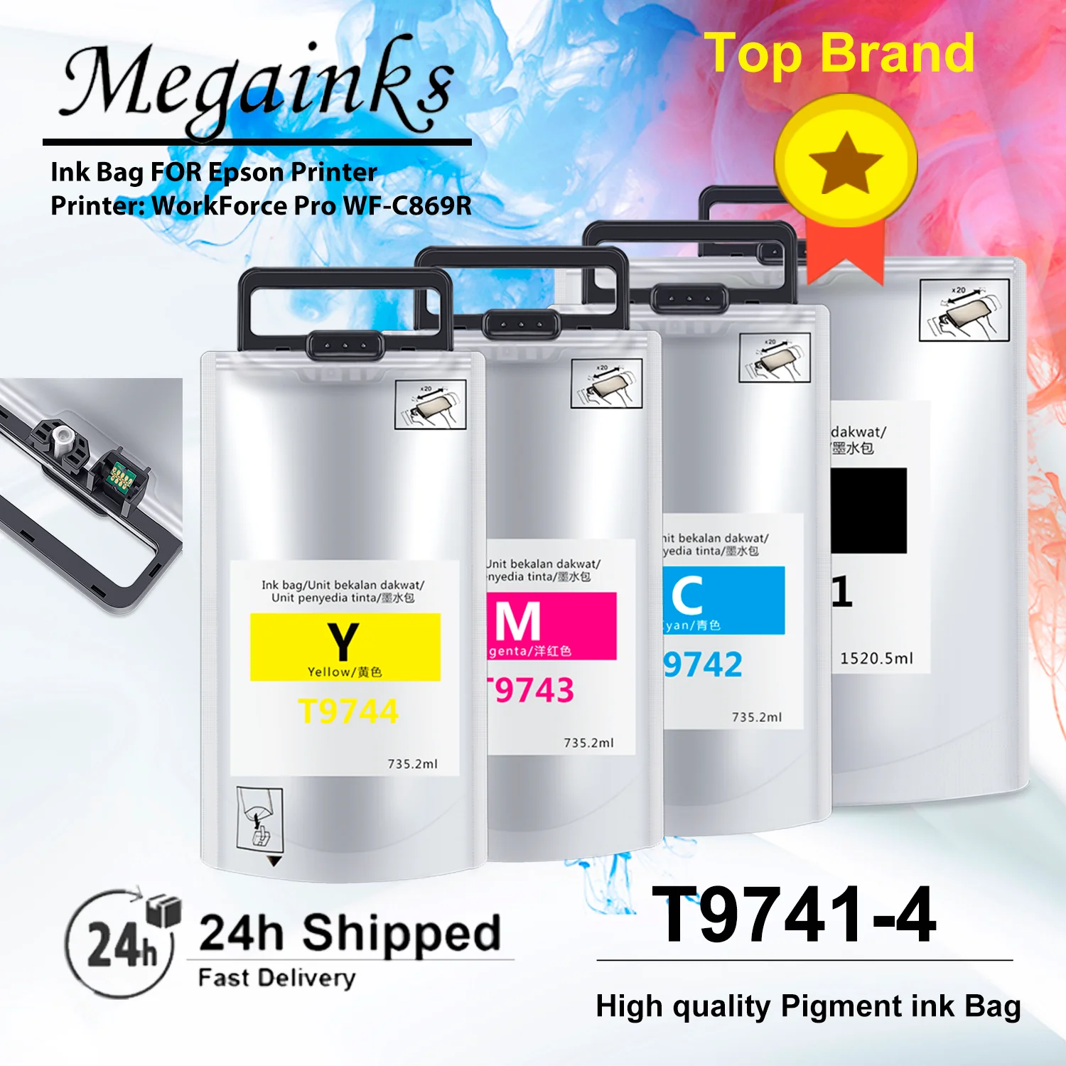T9741 Ink cartridge For Epson C869Ra WF-C869Ra Printer T9742 T9743 T9744 filled Pigment Ink Bag with Chip Ink Cartridge