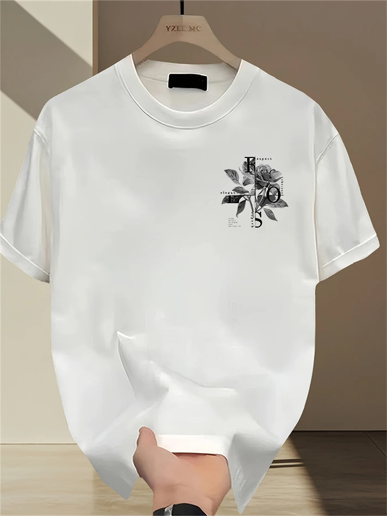 Stylisches Herren-T-Shirt, 100% Baumwolle, Bedrucktes Rosenmuster, Lässig, Bequem, Vielseitig, Trendig, Locker Geschnitten – Detail 5