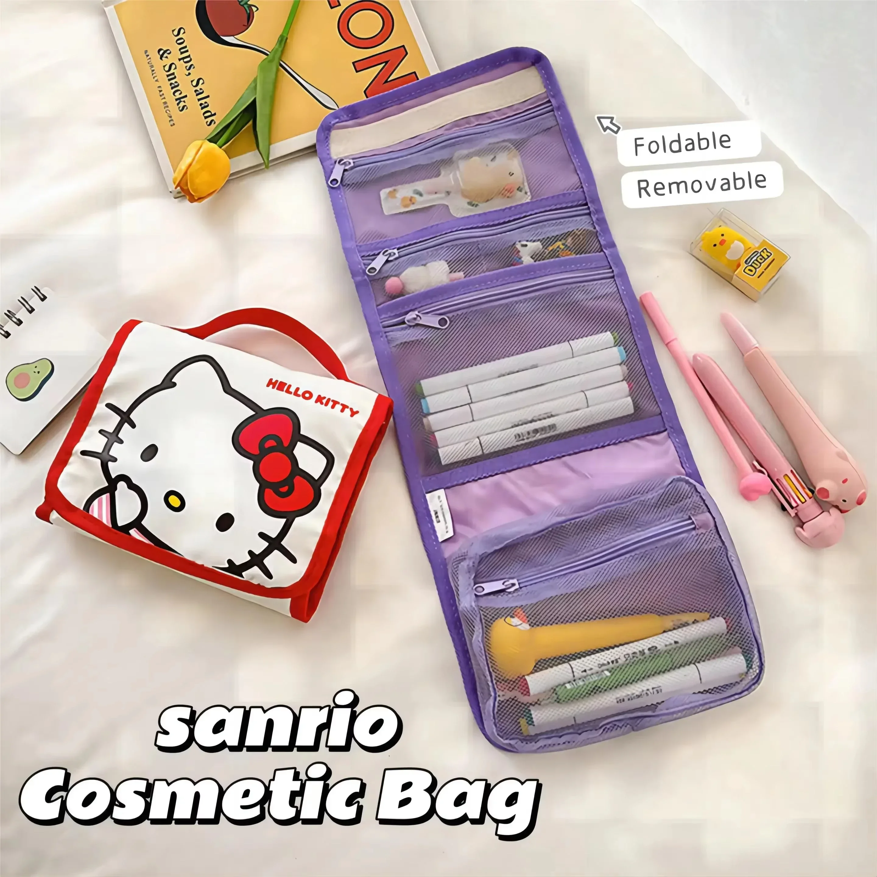 Sanrio Hello Kitty Foldable Makeup Bag Kuromi Cinnamoroll Melody Cosmetic Toiletry Storage Organizer Bag Anime Travel Handbag image 2