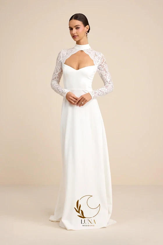 Luna Customized High Collar Lace Patchwotk Civil Wedding Dresses Long Sleeves Corset Back Bridal Gown vestido de novia