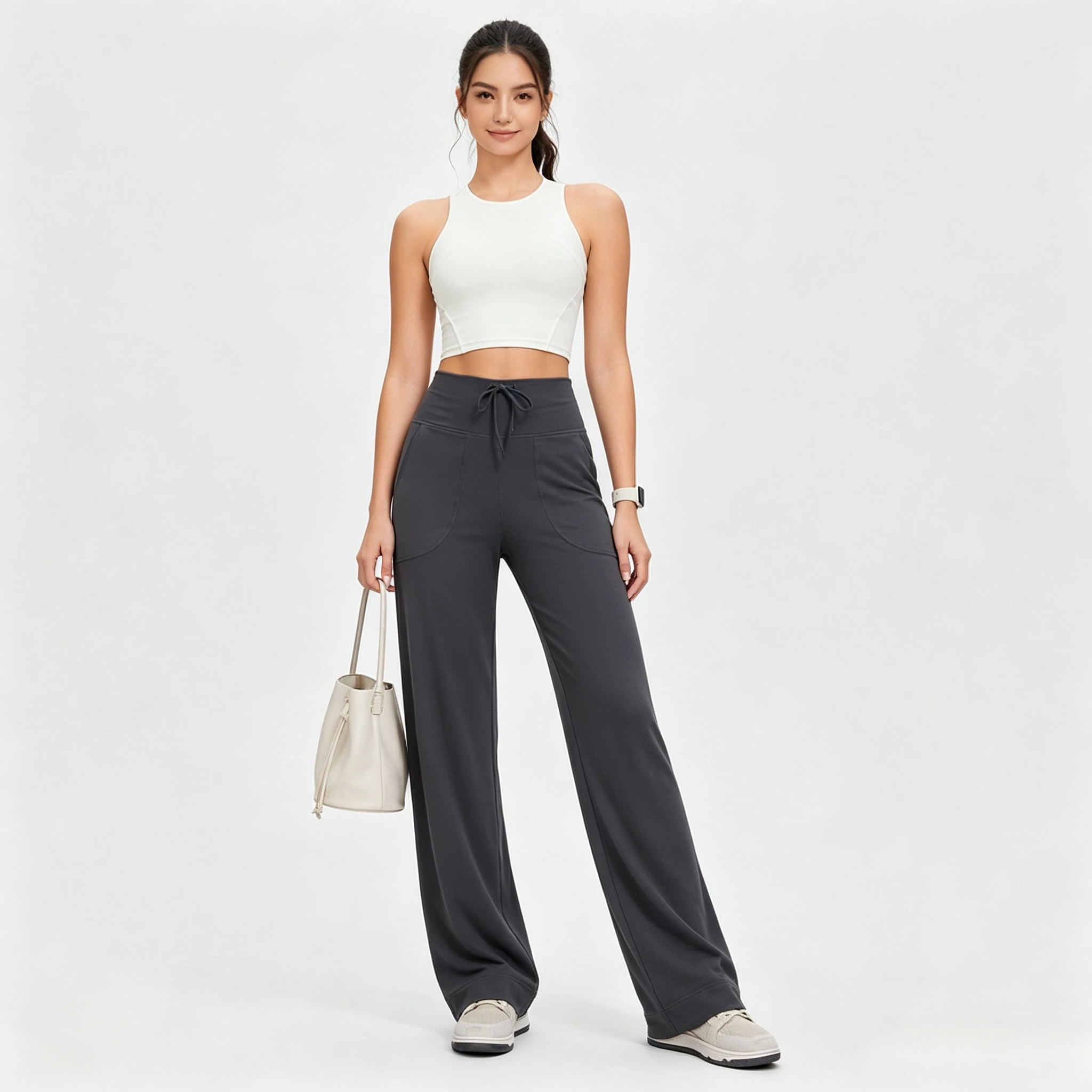 Women Naked Feeling High Waist Wide Leg Yoga Pants Draped Casual Trousers Drawstring Pocket Soft Stretch Flare Workout Pants