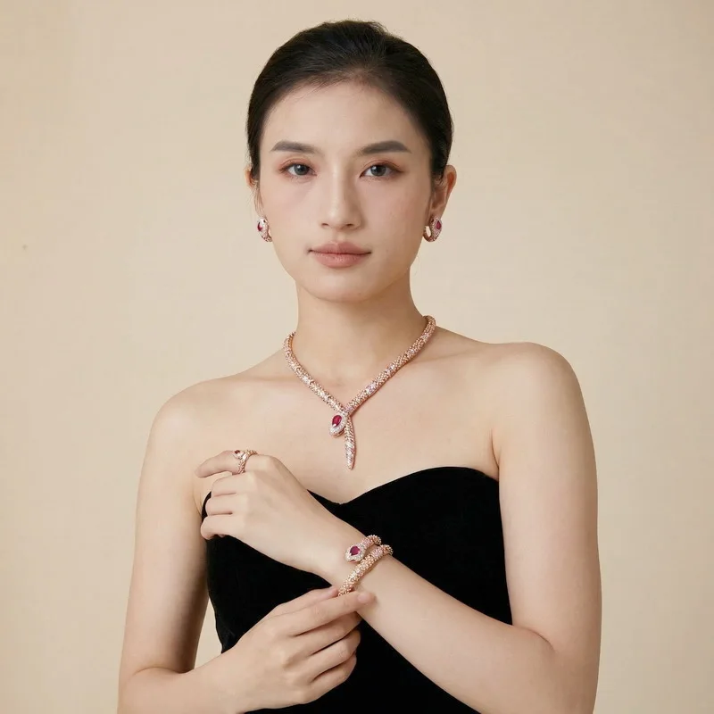 Designer Collection Necklace Bracelet Earrings Ring Inlay Pink Cubic Zircon Synthetic Ruby Snake Snakelike Party Jewelry Sets