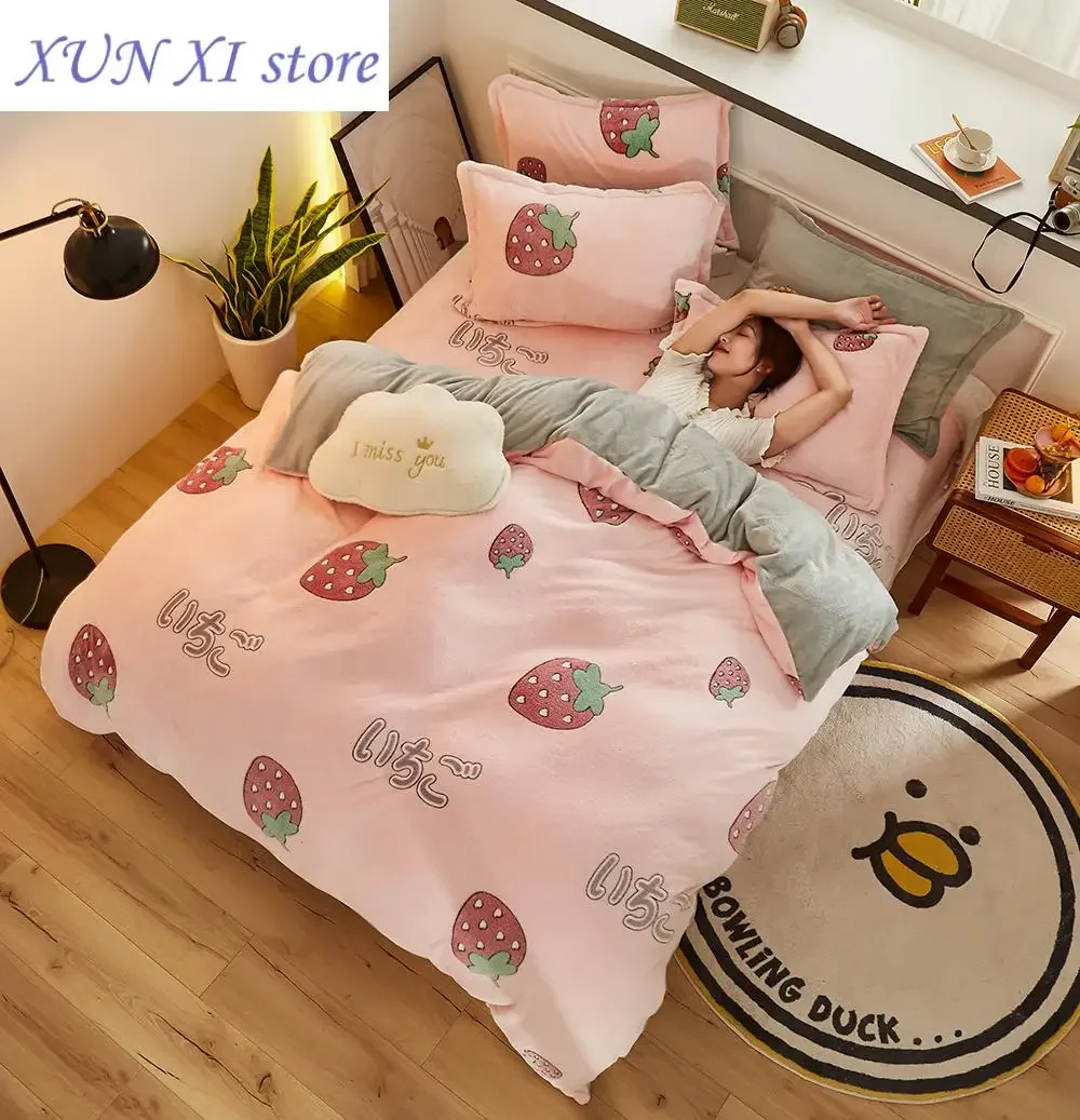 

New Thick Fleece Warm Flannel Coral Winter Duvet Cover Double Sided Velvet Bedding Set Single Double Queen King Size Quilt cover