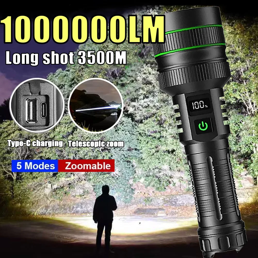 1000000LM Strong Light High Power LED Flashlight USB Rechargeable Powerful Tactical Torch Super Long Range Lamp Outdoor Fishing