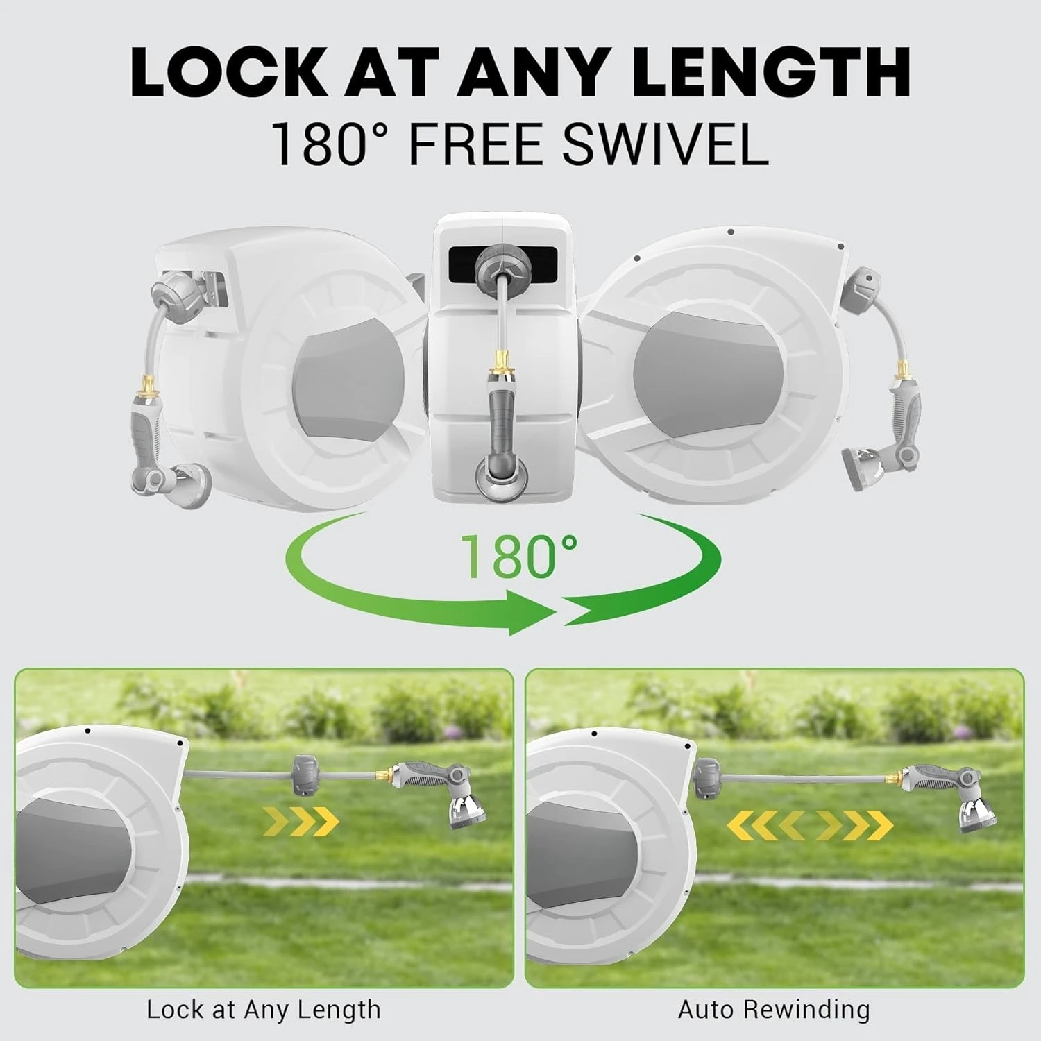 

eel, 1/2 in x 100 ft Wall Mounted Garden Hose Reel, with 10 Pattern Nozzle, Any Length Lock, Slow Return System