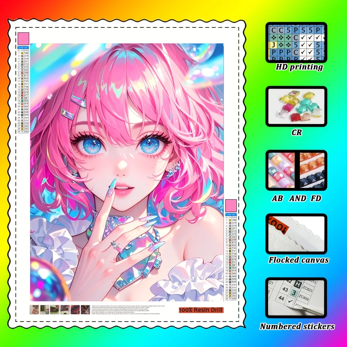 

Wowo Art, a pink cartoon girl wearing a crystal diamond ring. 100% resin diamonds, high-end plush fabric, including crystal diam