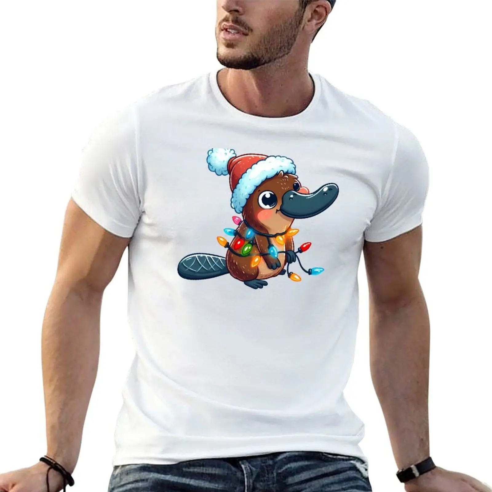 

Cute Santa Platypus Tangled Up In Christmas Tree Lights T-Shirt cotton t shirt man essential t shirt T-Shirt
