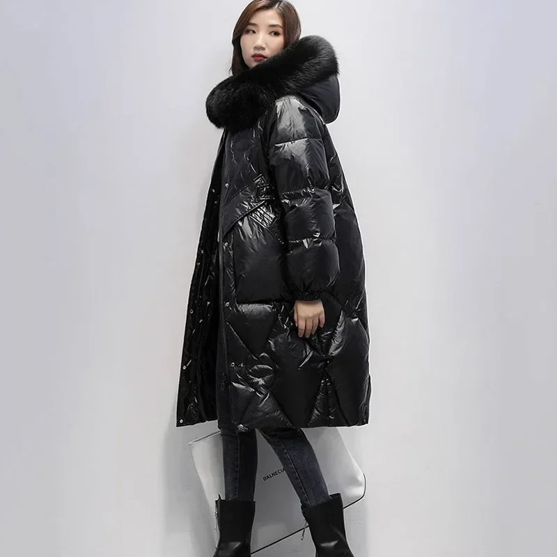 Oversized Womens Down Cotton Jacket Winter Warm Jackets Coat Long Hooded  Collar Parka Overcoat Female Cold Jackets Black B392