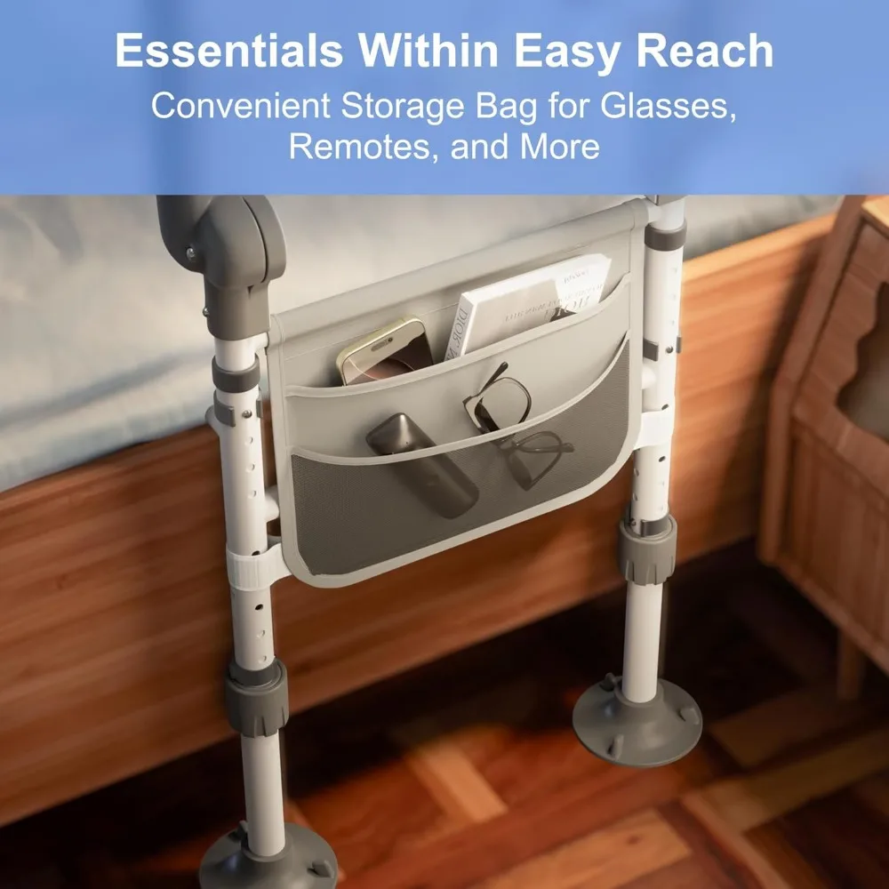 Foldable Bed Safety Rail with Adjustable Height, Non-Slip Handle, Motion Sensor Light & Storage Pouch for Elderly Support