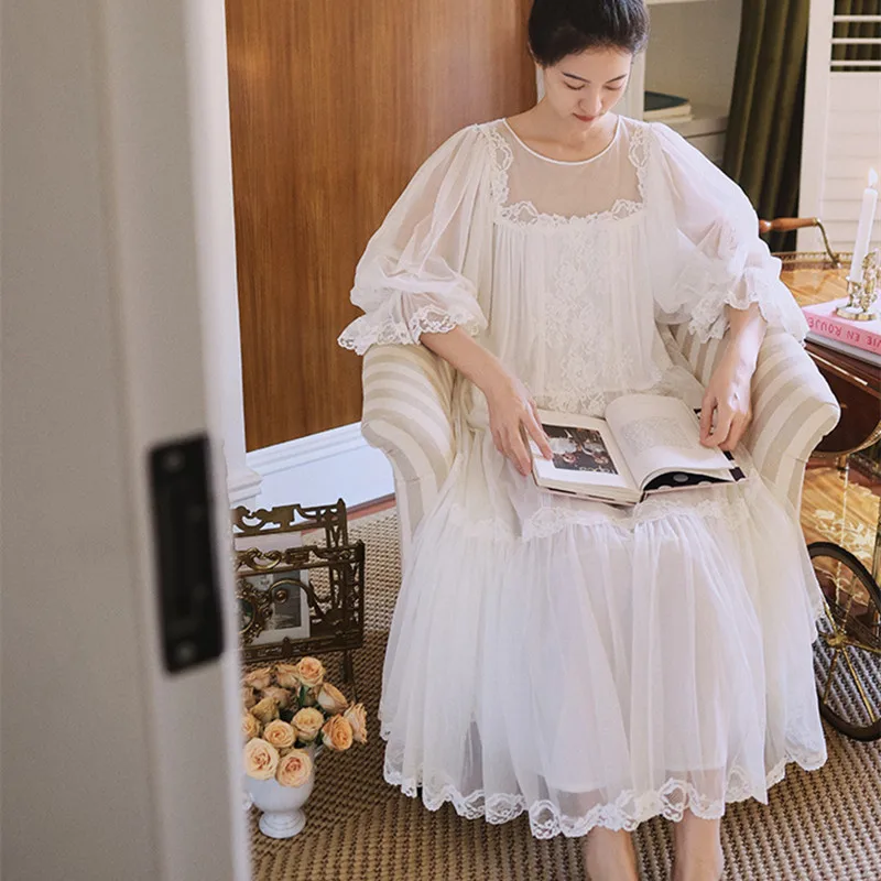 Princess White Vintage Long Nightgowns Gauze Round Neck Puff Long Sleeves Cotton Nightie Loose Design Embroidery Nightdress New