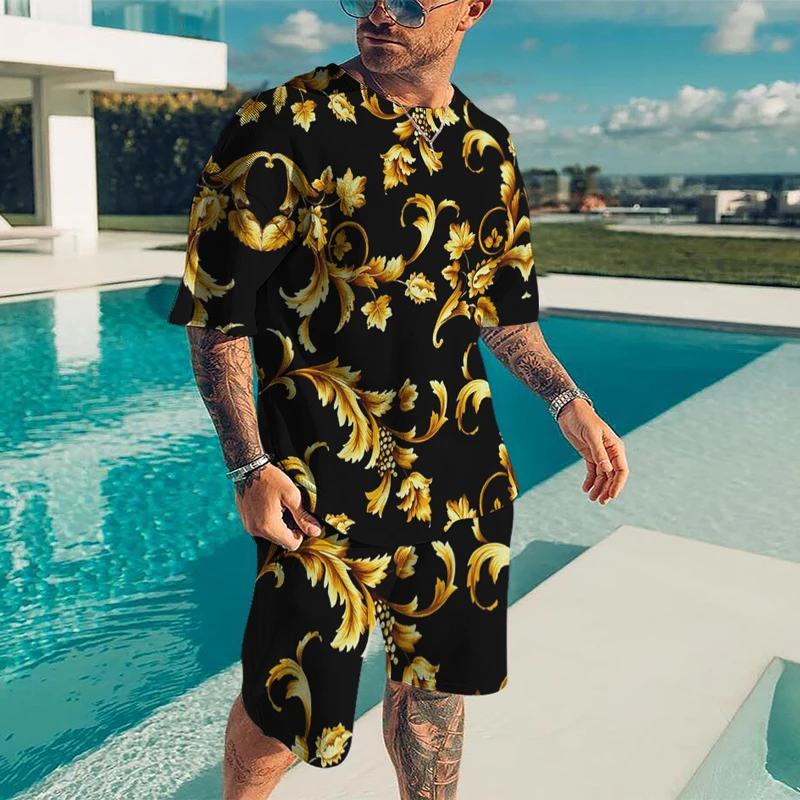 Summer Sleeve T-shirt+Shorts Pants Suits Camisetas Ropa Hombre Men's 2 Piece Set Tracksuits Fashion O-neck Casual Print Short