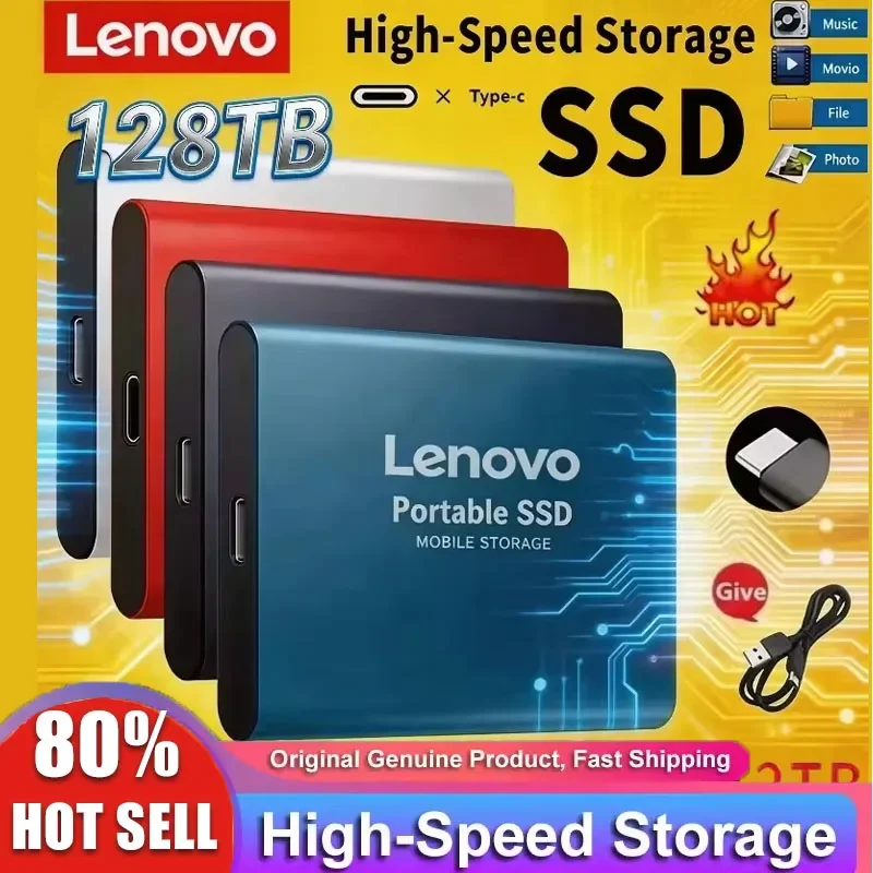 

Внешний твердотельный накопитель Lenovo 1 ТБ, высокоскоростной жесткий диск 2 ТБ, портативный SSD USB 3.1 256 ТБ, 128 ТБ для ПК/ноутбука/Mac/телефона