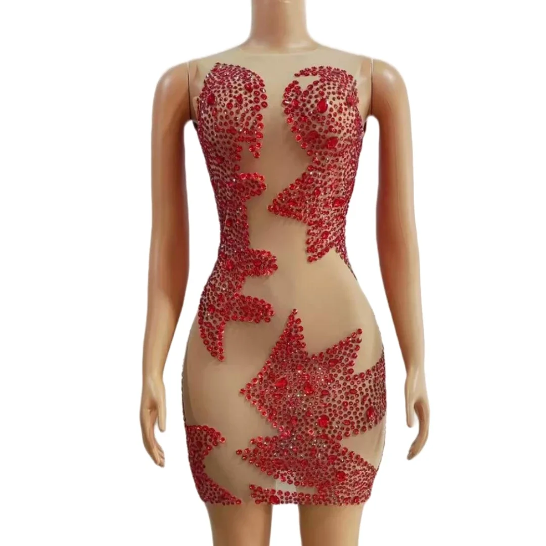 فستان قصير ساحر بدون أكمام من حجر الراين الأحمر للنساء، ملابس مسرحية مغنية شفافة قابلة للتمدد، ملابس كلاسيكية للسهرات والسهرات