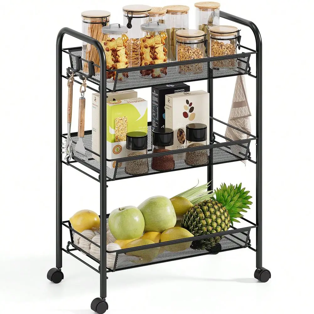 

Металлическая 3-ярусная тележка TOOLF на колесах, сетчатая, легко собираемая, с 3 крючками, для хранения