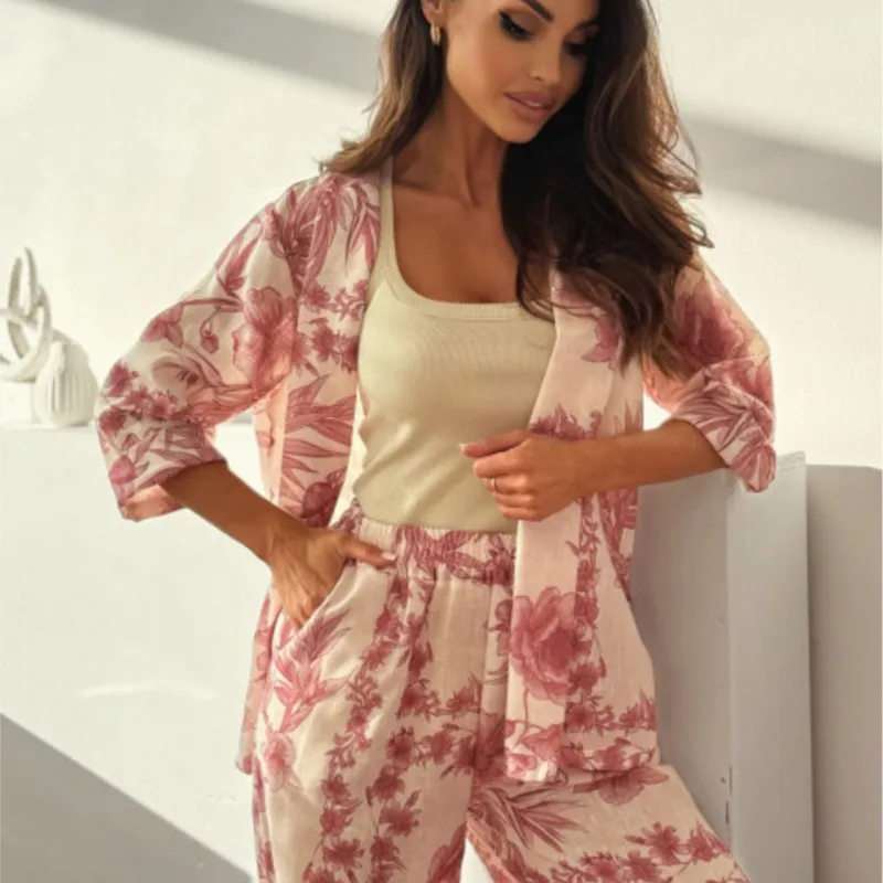 Fashion Printed Women Clothing Casual Seven Quarter Sleeve+wide Leg Pants Two-piece Set Autumn Cardigan Casual Pocket Pants Set