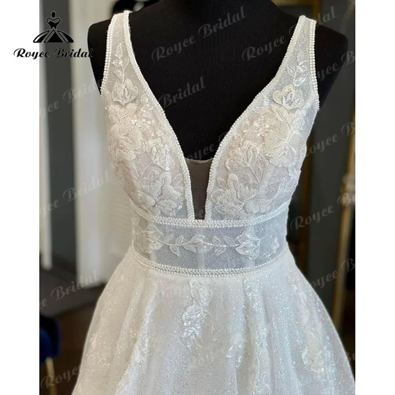 Elegante abito da sposa senza maniche con Glitter lucido scollo a V con scollo a V basso abiti da sposa vestido De casamento 2022