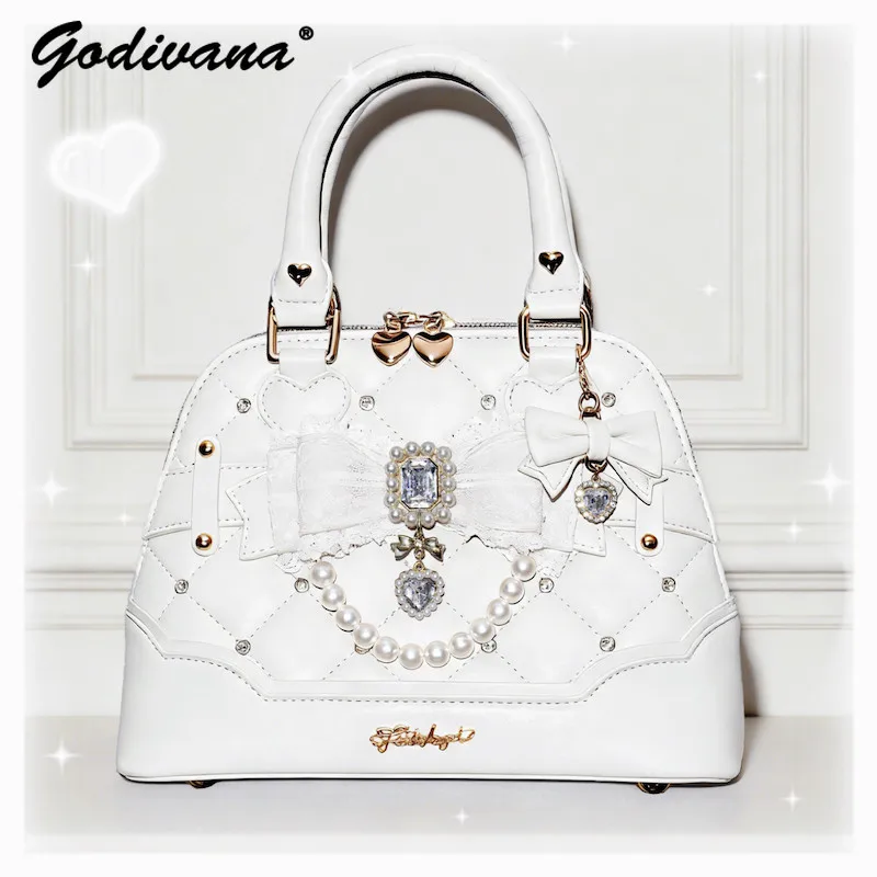 Subculture Lolita Handbags Japanese Style Mass Production Girls Sweet Rhinestone Bow Pearl Chain Shell Bag Tote Bags