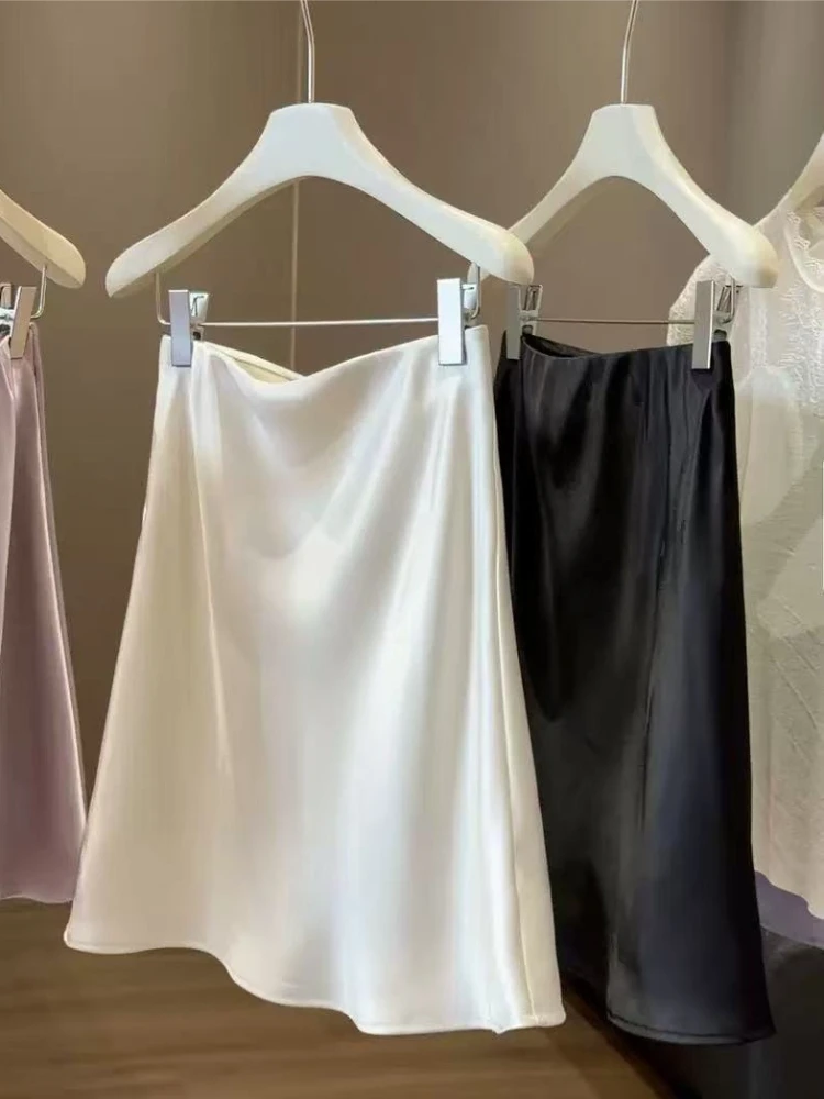 Summer New Elegant Satin High-Waisted Mini Skirt A-Line Korean Fashion Champagne Office Lady Skirt for Women