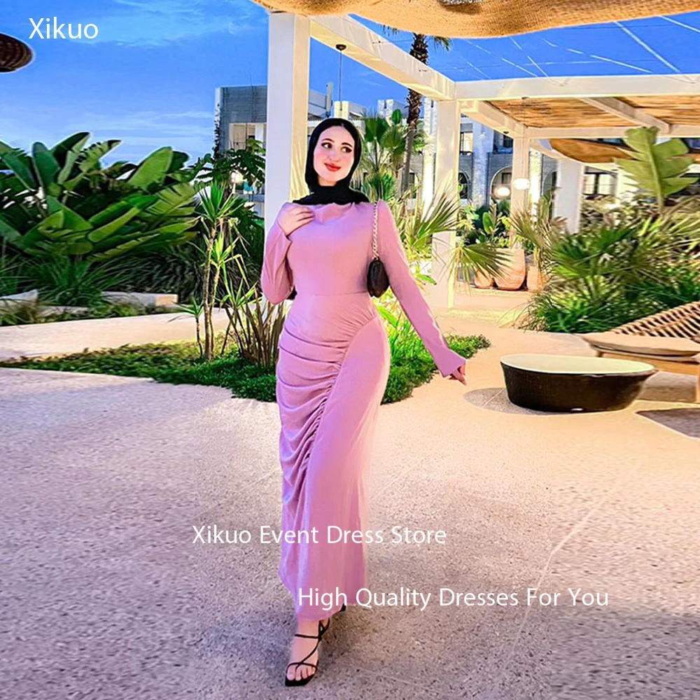 Xikuo Elegant Pink Satin Evening Gowns Mermaid Pleated Cocktail Femmes Summer Saudi Long Sleeves Happy Prom Dresses Customized