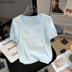 2024 Summer New Bow Short Sleeve Sweater Women Knitted T-shirt Korean Fashion Sweet Round Neck Loose Pullover Knitwear Tops Tees