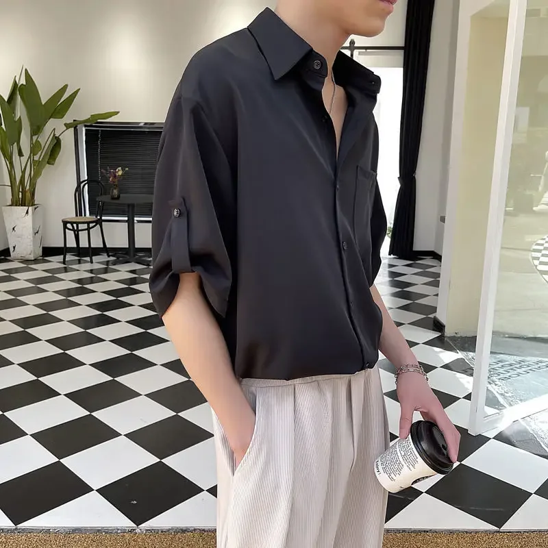 High Quality Ice Silk Short Sleeve Shirt Men 2024 Summer New Korean Fashion Half-sleeved Lapel Solid Color Casual Shirts for Men