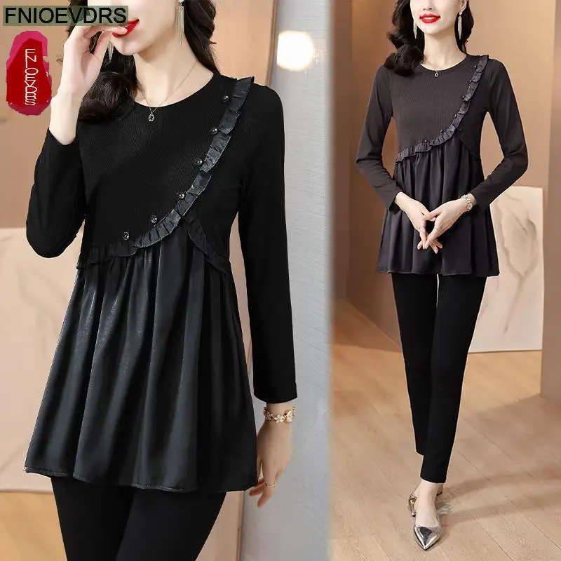 L-5XL Loose Clothes 2023 Women Autumn Elegant Ruffles Basic Shirts Retro Patchwork Black Tunic Peplum Tops And Blouses