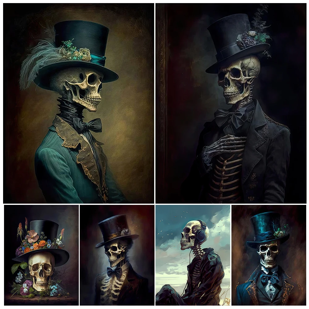 

Victorian Skeleton Portrait Vintage Wall Art Canvas Painting Skeleton Gentleman Art Poster And Print Home Decoration Unframed