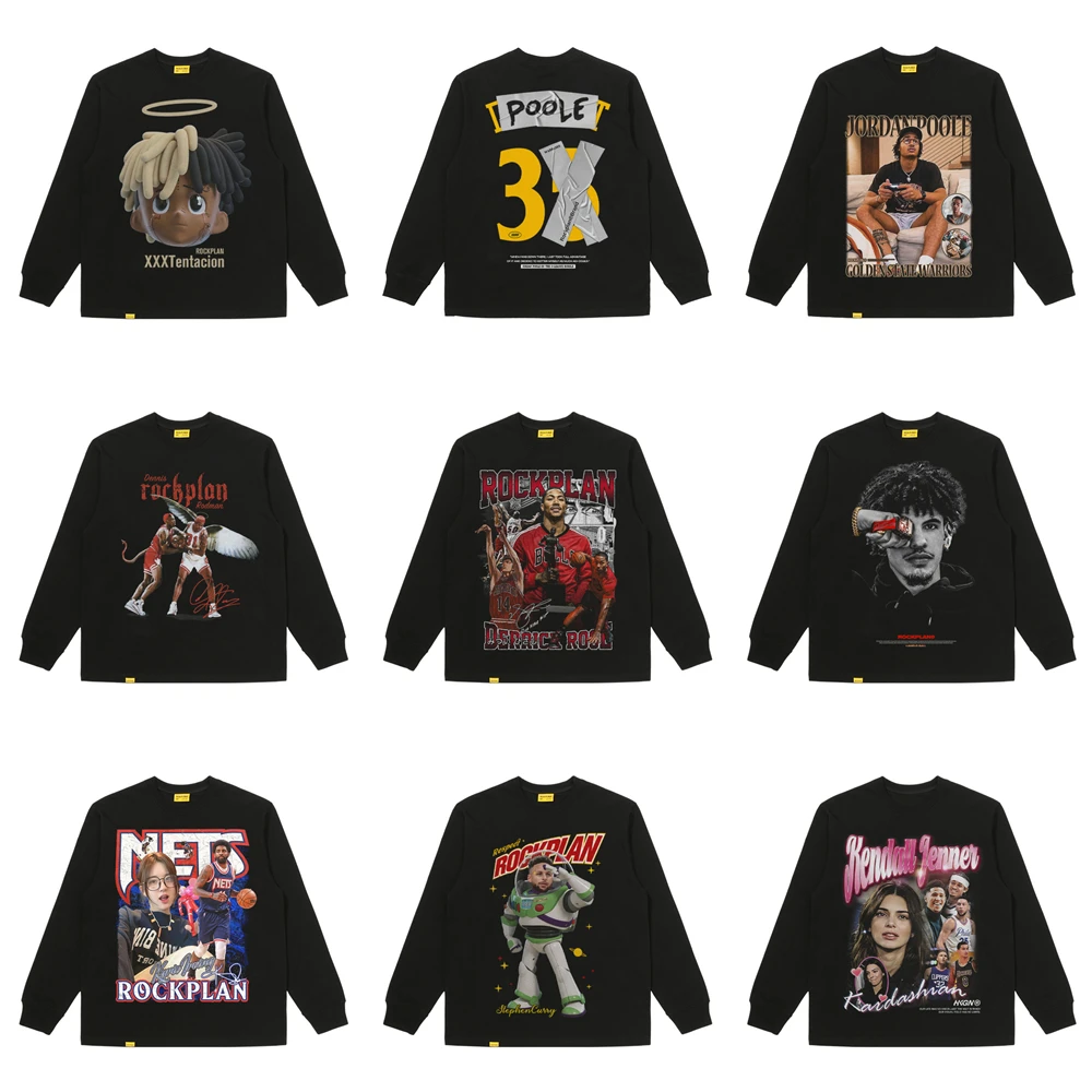 Star Collection HKGN American T-shirt Printed Long-sleeved Pure Cotton Men's Curry Ross Owen Kobe Harden Tide