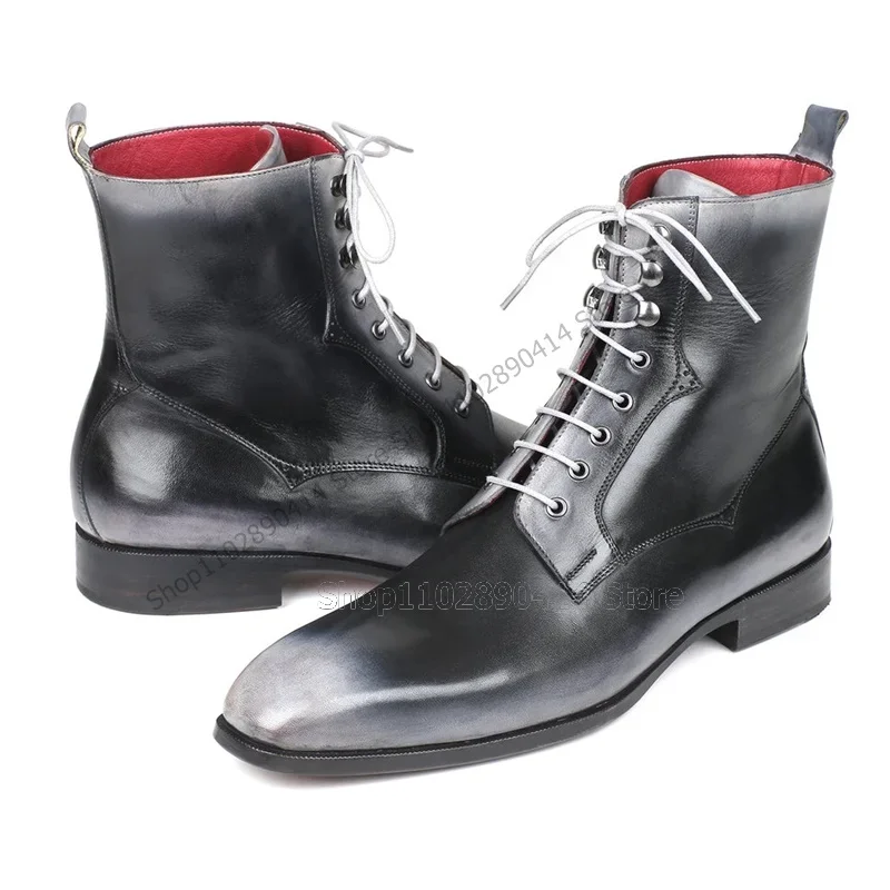 Cinza preto dedo do pé quadrado meados de bezerro tiras botas masculinas moda rendas até sapatos masculinos de luxo artesanal festa tamanho grande sapatos masculinos