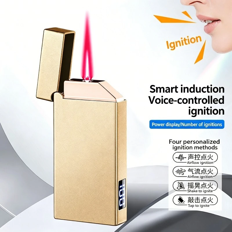 Intelligent Voice Controlled Gas Electric Integrated Windproof Red Flame Lighter Digital Power Display Cigarette Cigar Lighter