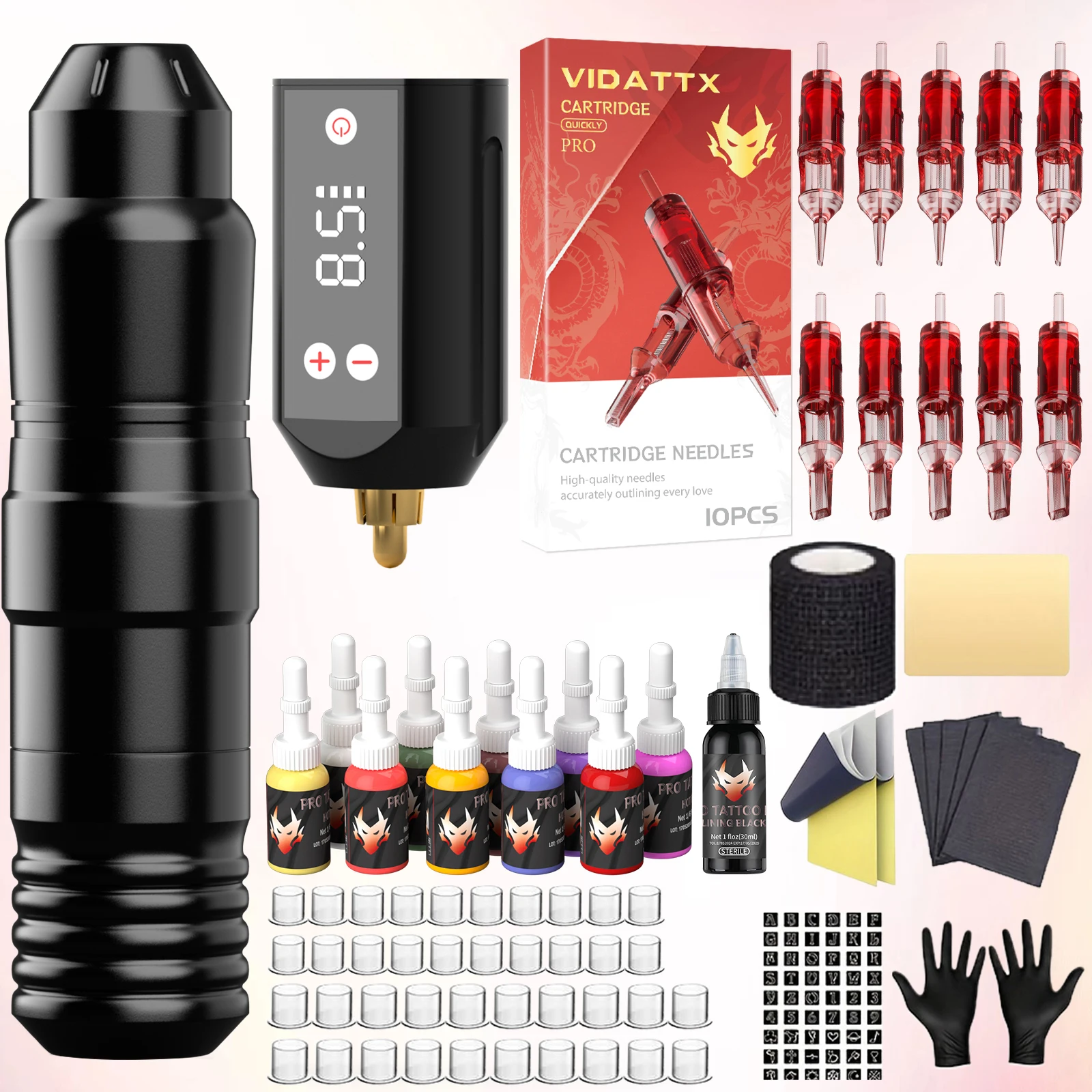 

VIDATTX Tattoo Kit New Red Tattoo Needles Tattoo Gun Kit High Quality High Power Wireless Tattoo Power Supply Tattoo Machine Kit