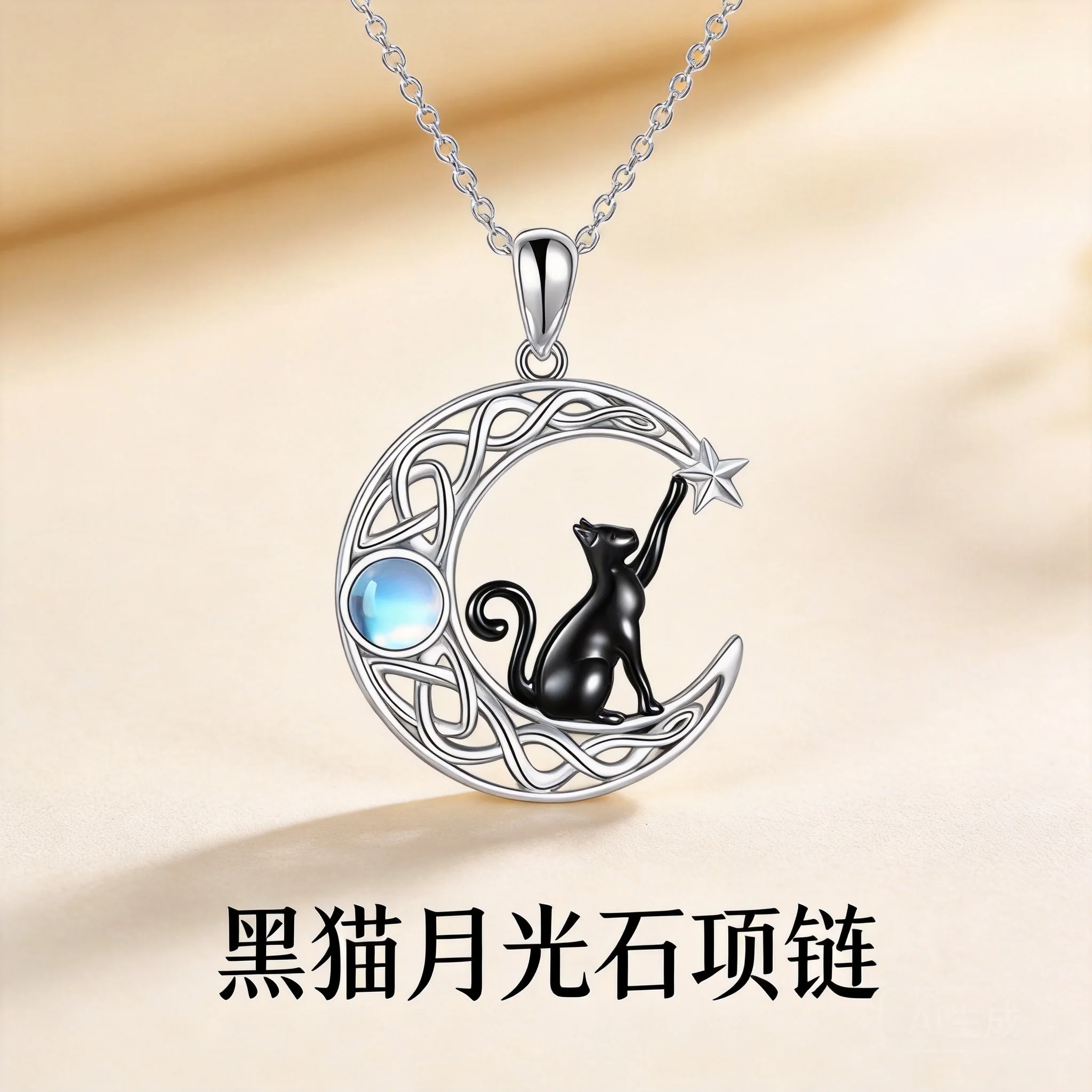 Chinese Style Lucky Fortune Moonstone Black Cat Moon Star Pendant Necklace For Women Fashion Clavicle Chain Jewelry Gift For Her