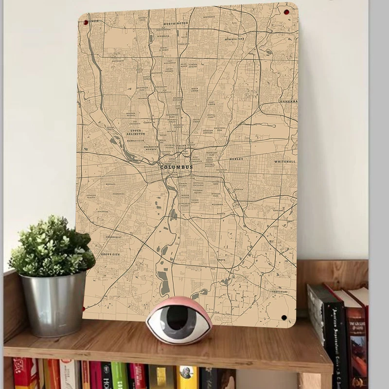 Vintage Columbus City Map Metal Wall Art Decor for Living Room Study Bar Home Decoration