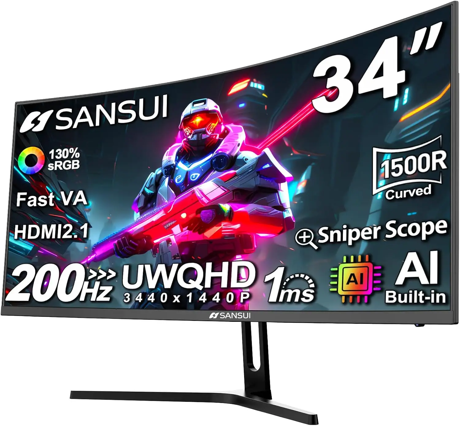 34-Inch Curved Gaming Monitor UWQHD 3440 x 1440P Up to 200Hz 165Hz Curved 1500R - PIP/PBP, OD 1ms, HDR, 300nits, sRGB 130%