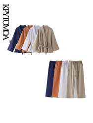 KPYTOMOA Women Fashion With Belt Loose Kimono Blouses And Mid Elastic Waist With Drawstring Trousers Female Two Piece Sets Mujer