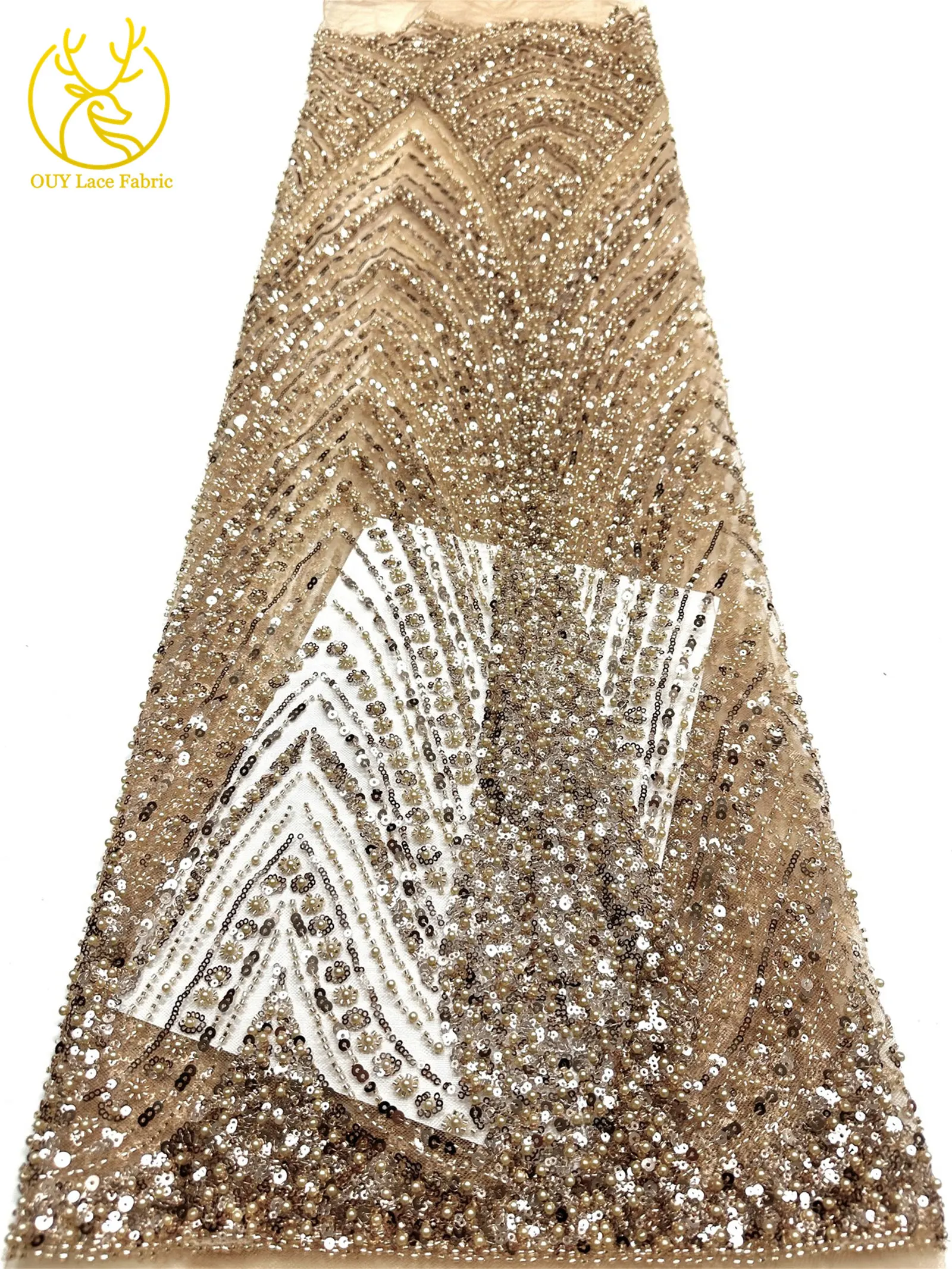 Luxuriöser Goldener Afrikanischer Bräutigam-Spitzenstoff mit Stickerei und Perlen, 5 Meter Französischer Tüll-Spitzenstoff für Nigerianische Hochzeitskleider – Detail 16